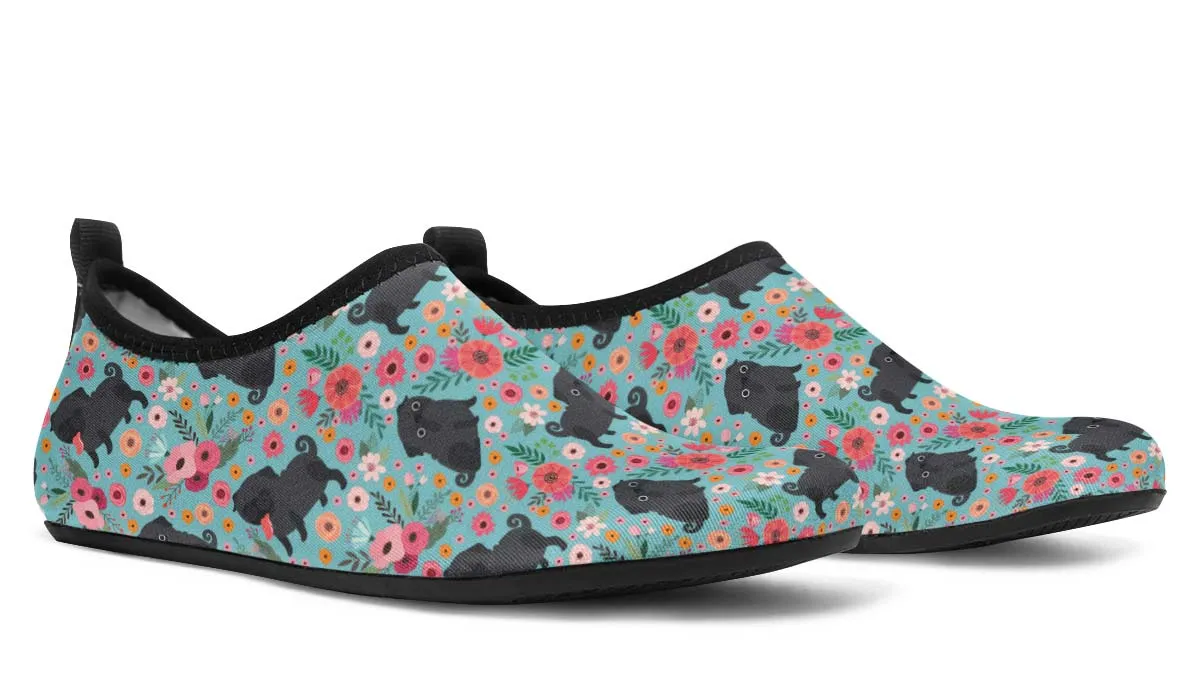Black Pug Flower Aqua Barefoot Shoes