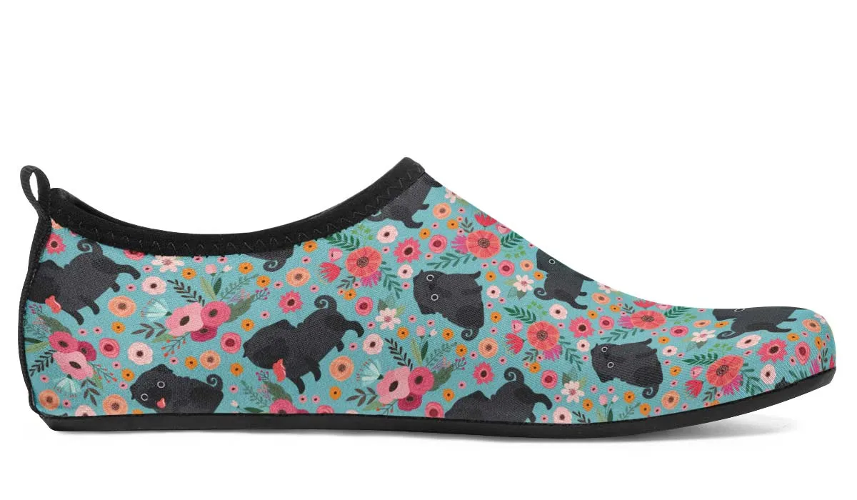 Black Pug Flower Aqua Barefoot Shoes