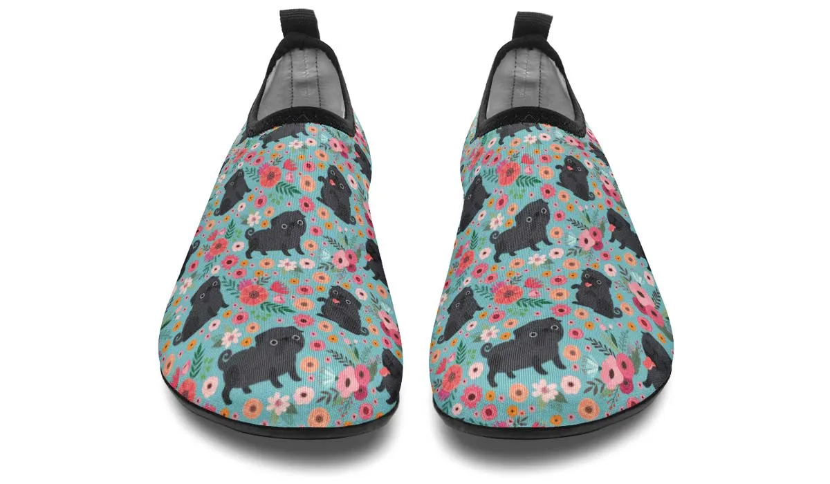 Black Pug Flower Aqua Barefoot Shoes