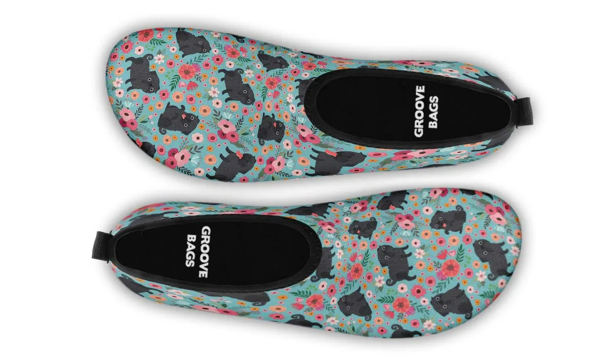 Black Pug Flower Aqua Barefoot Shoes