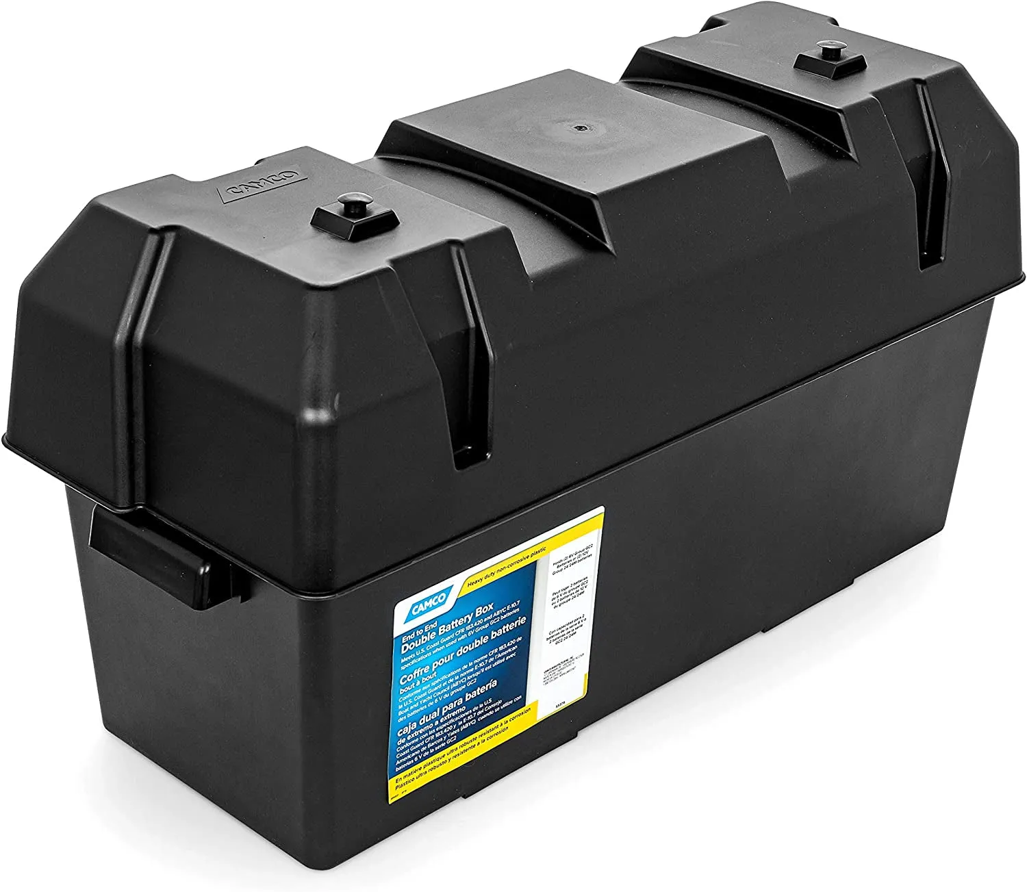 Camco Double Battery Box | Safely Stores RV, Automotive, and Marine Batteries | Features a Heavy-Duty Corrosion-Resilient Polymer Construction and Measures inside 21-1/2" X 7-3/8" X 11-3/16" (55375)