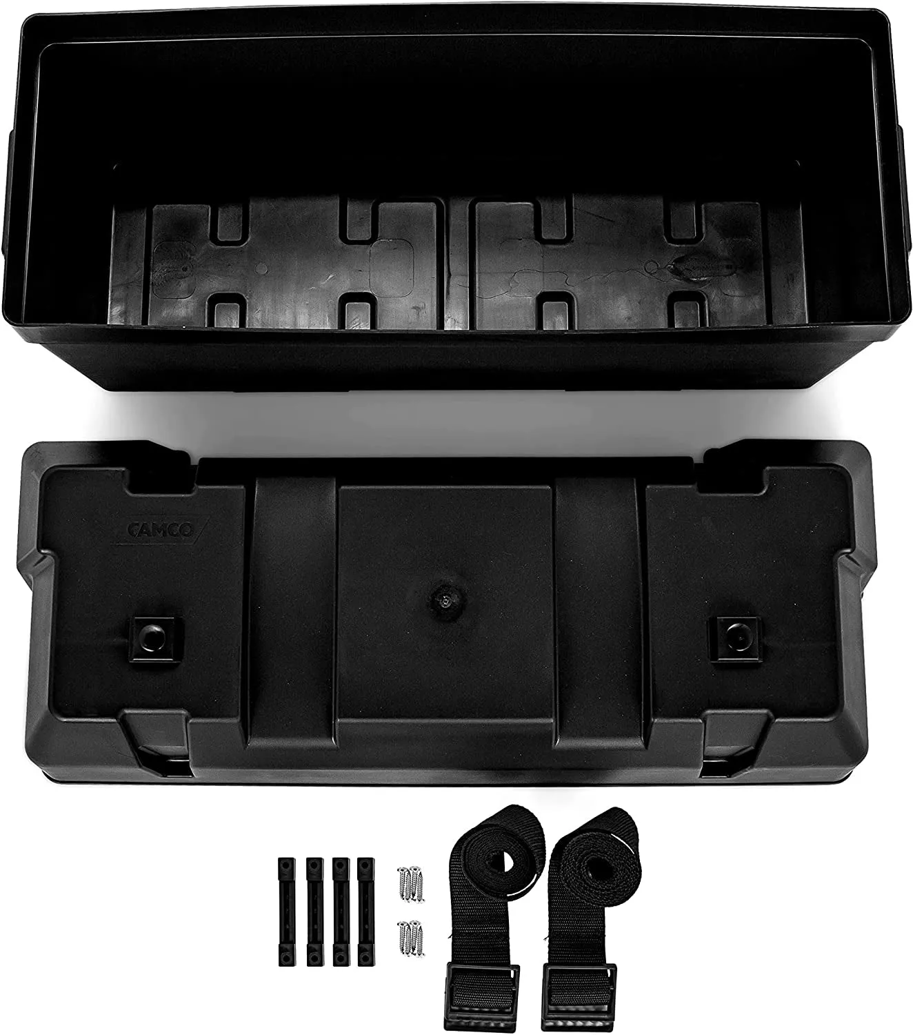 Camco Double Battery Box | Safely Stores RV, Automotive, and Marine Batteries | Features a Heavy-Duty Corrosion-Resilient Polymer Construction and Measures inside 21-1/2" X 7-3/8" X 11-3/16" (55375)
