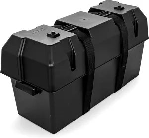 Camco Double Battery Box | Safely Stores RV, Automotive, and Marine Batteries | Features a Heavy-Duty Corrosion-Resilient Polymer Construction and Measures inside 21-1/2" X 7-3/8" X 11-3/16" (55375)