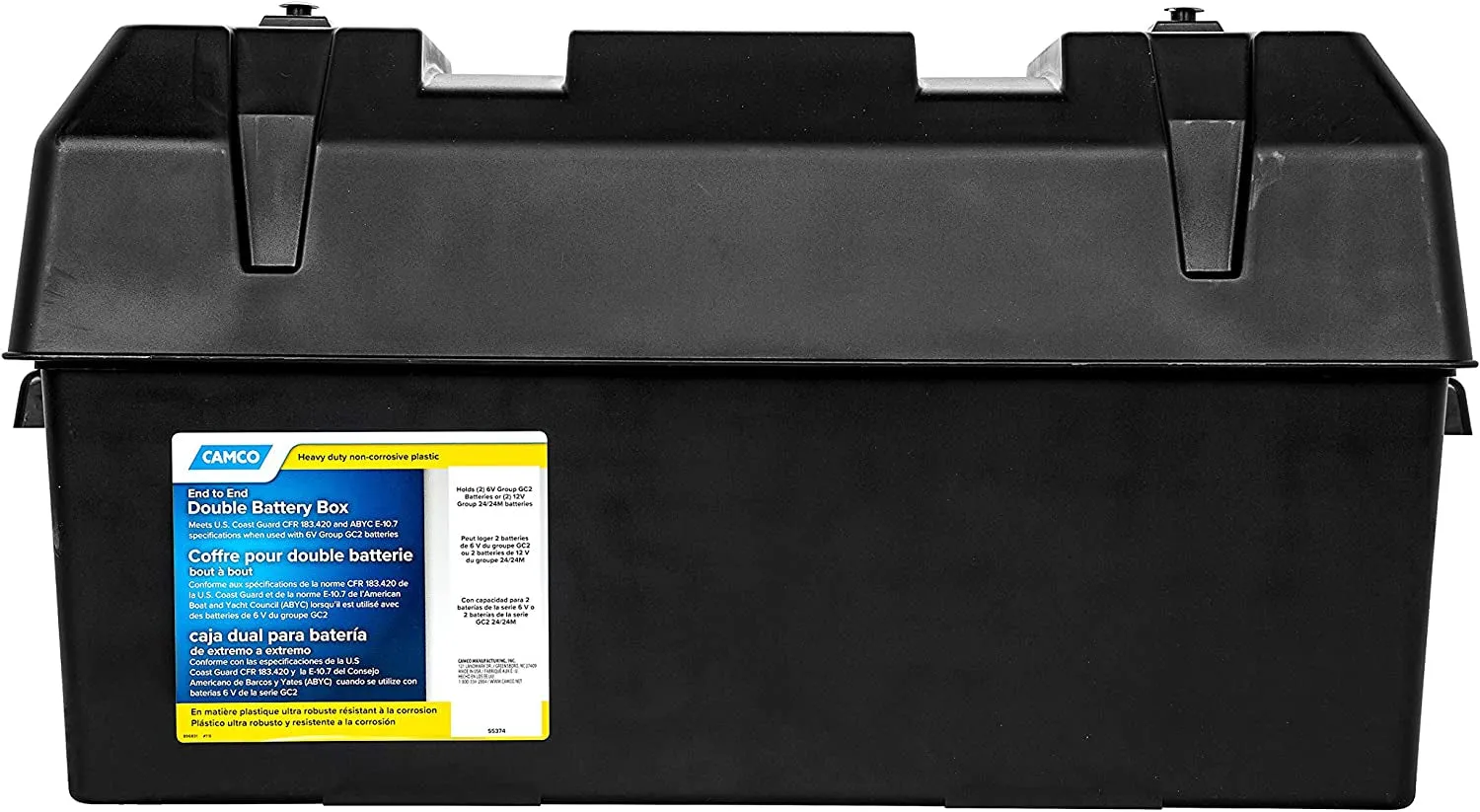 Camco Double Battery Box | Safely Stores RV, Automotive, and Marine Batteries | Features a Heavy-Duty Corrosion-Resilient Polymer Construction and Measures inside 21-1/2" X 7-3/8" X 11-3/16" (55375)