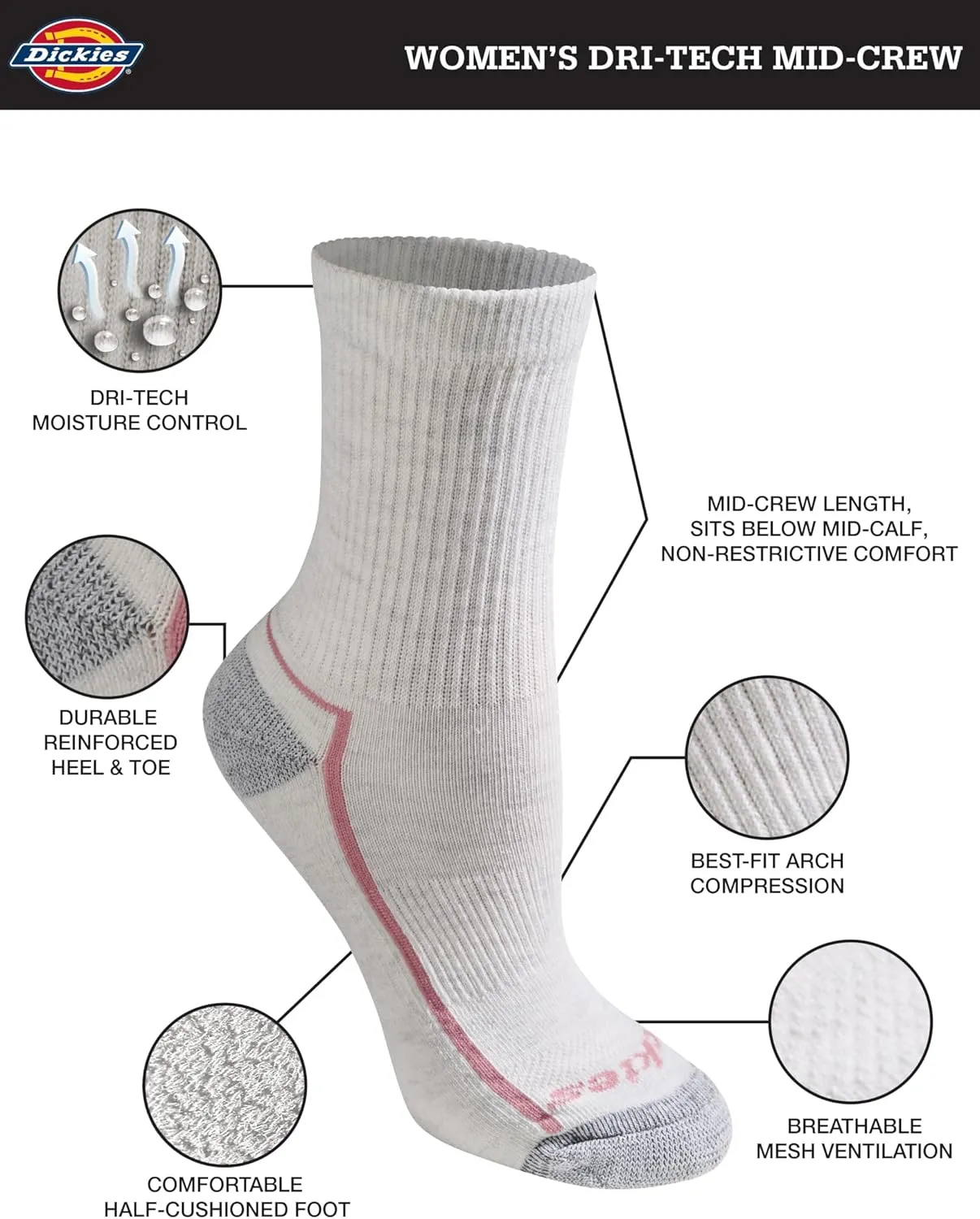 Dickies Women's Dri-Tech Advanced Moisture Wicking Mid-Crew Socks, Available in M-L (6,12 Pairs)