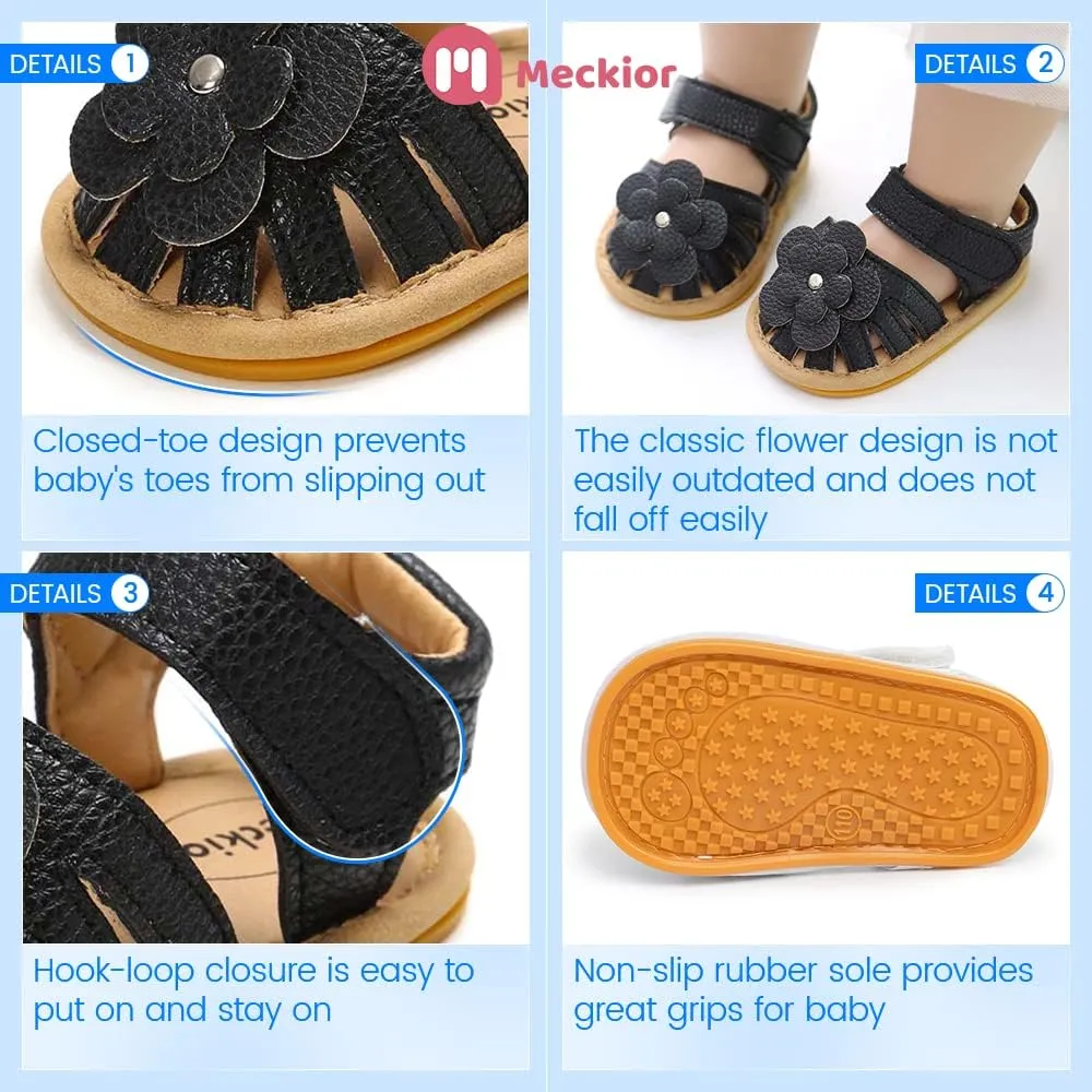 Meckior Baby Toddler Infant Girls PU Leather Soft Open Toe Summer Sandals Flower Princess Flat Shoes